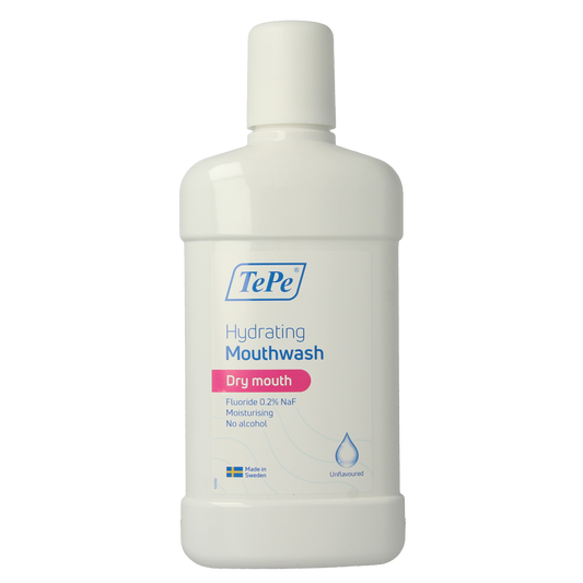 TePe hydrating unflavored mouth rinse for dry mouth in a 500ml bottle, promoting oral moisture and comfort.