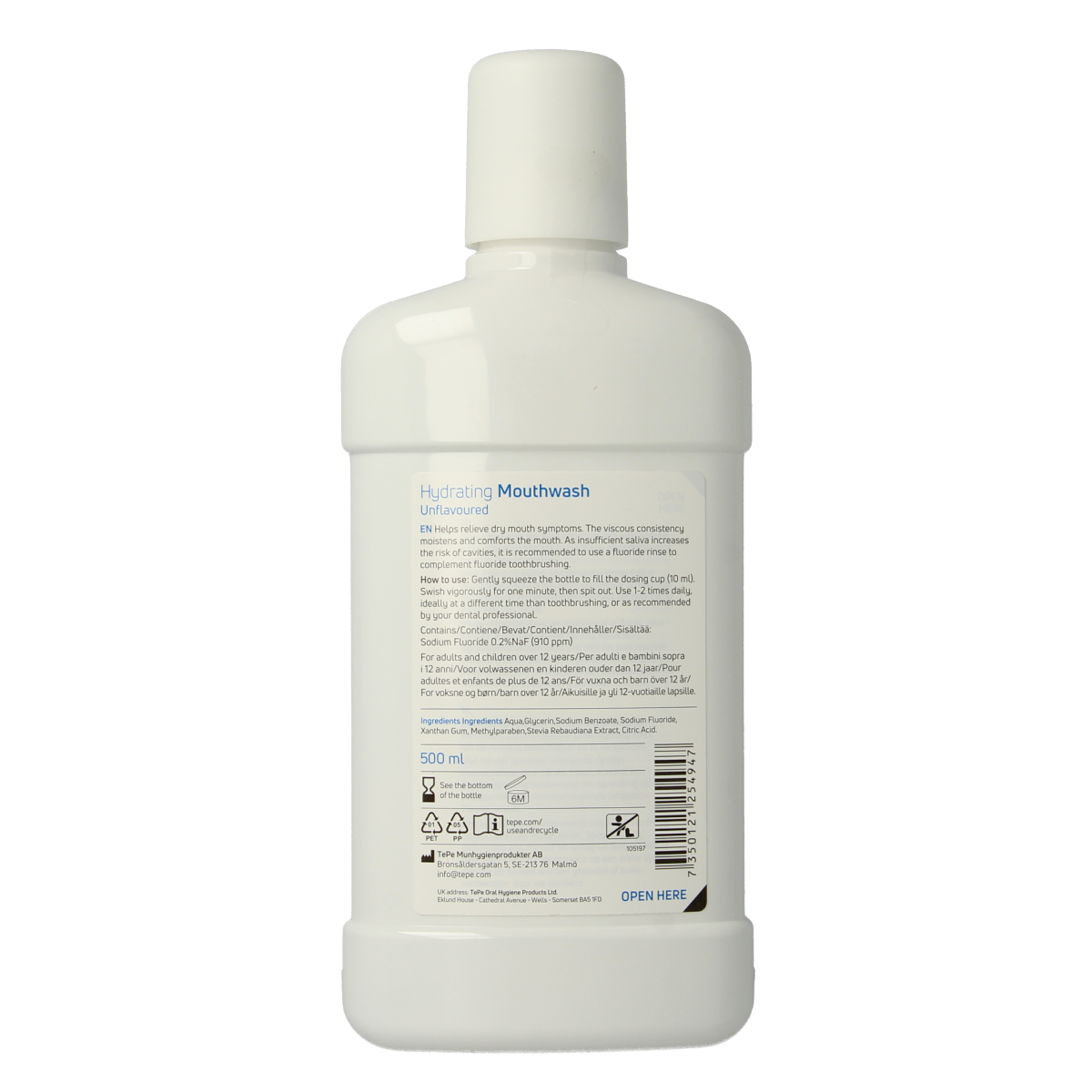 TePe Hydraterende mondspoeling voor droge mond, 500ml, onflavoured, in een open fles met mondspoelmiddel.