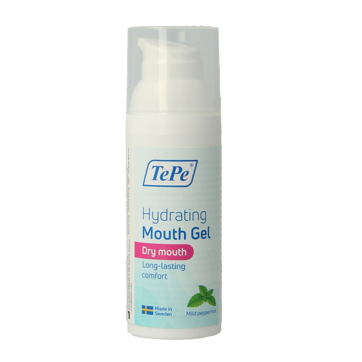 TePe Hydraterende mondgel voor droge mond met pepermunt, mondhygiëne en poetscontrole, 1 stuk, zichtbaar in de afbeelding.