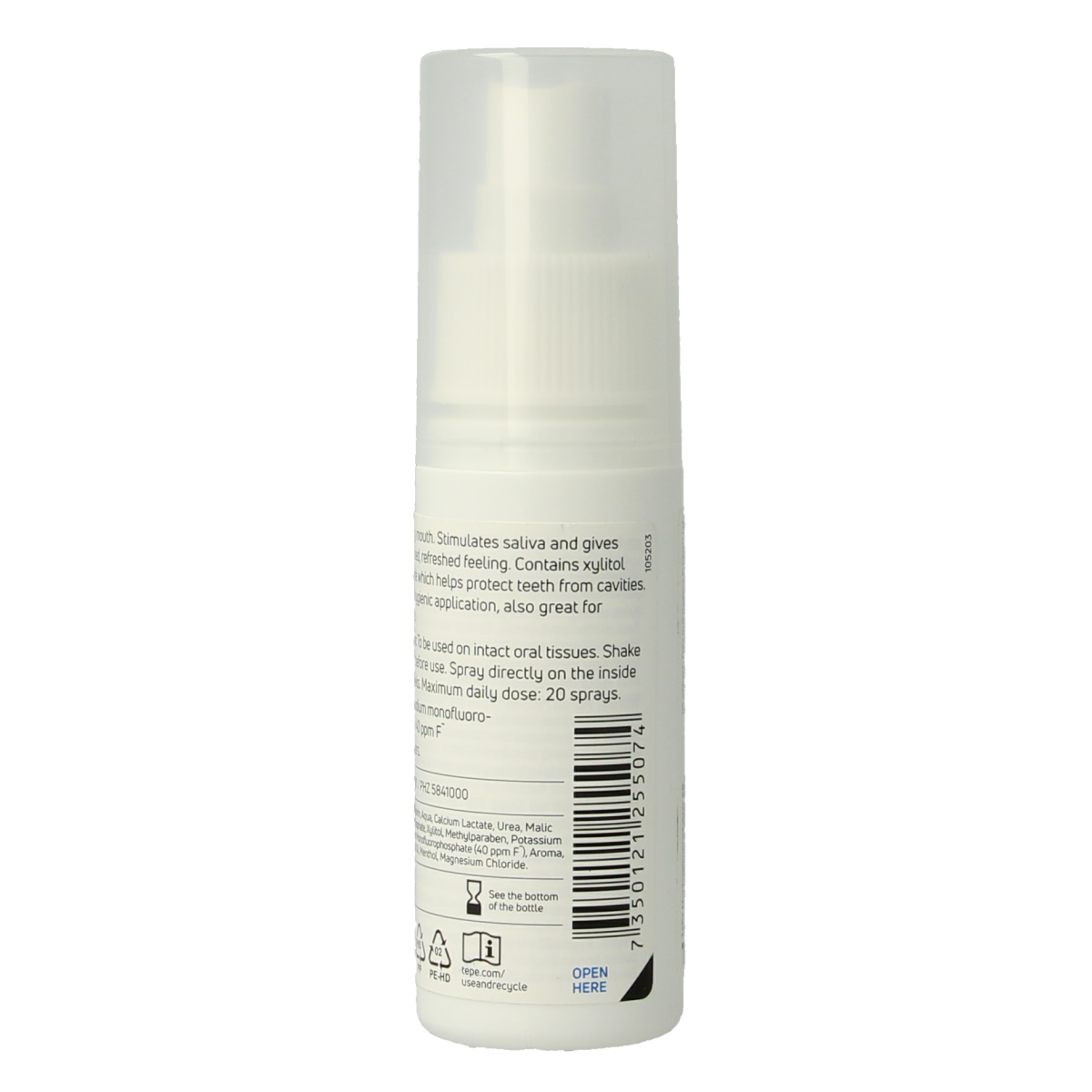TePe Mondspray hydraterend, 50ml, oral hygiene and brushing control spray with a white spray bottle and blue cap.