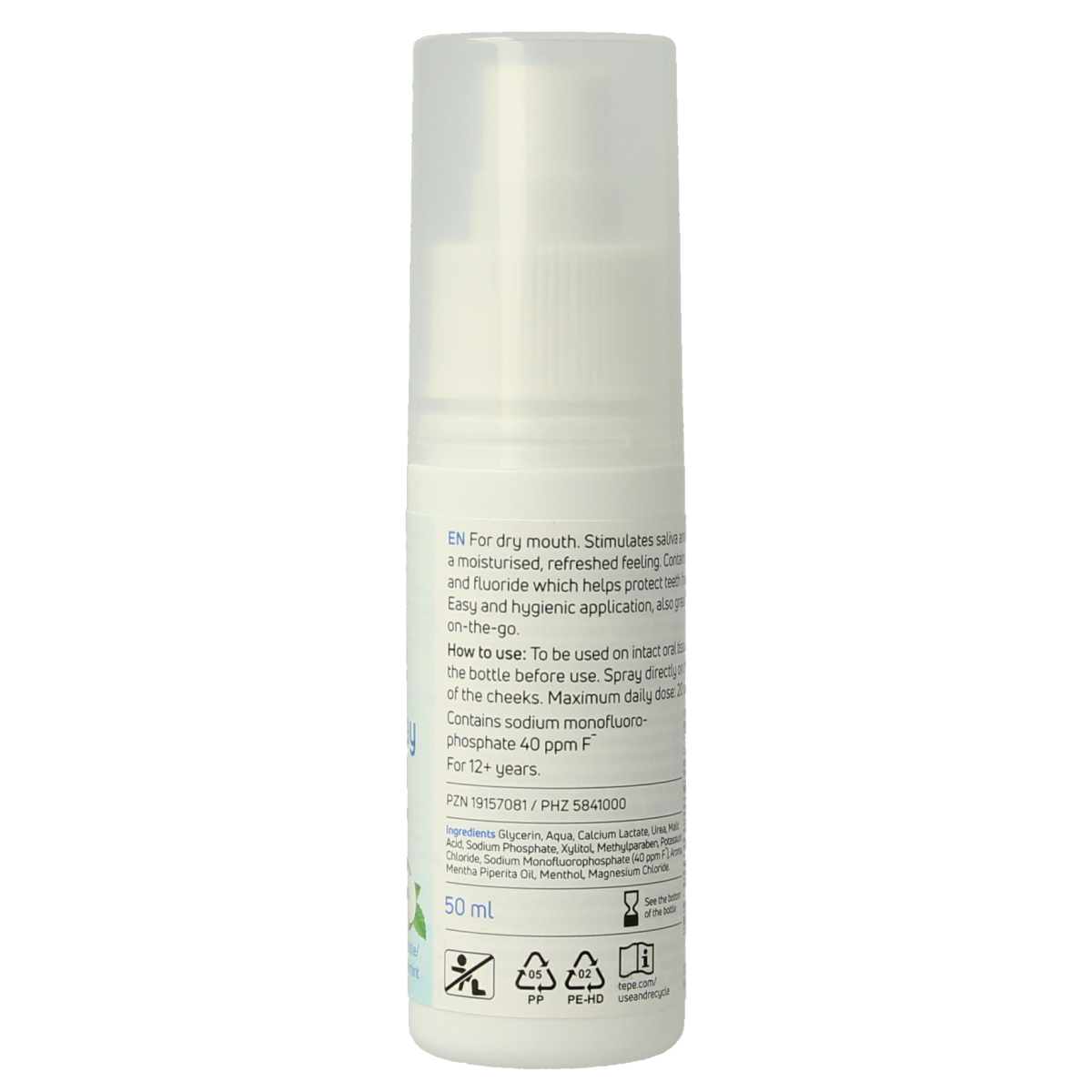 TePe Mondspray hydraterend for oral hygiene, 50ml bottle with spray nozzle, used for mouth moisturizing and breath freshening.