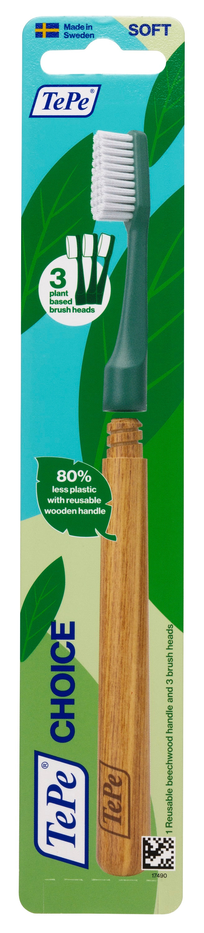 Three TePe Choice Soft green toothbrushes, dental care tools with ergonomic handles, displayed in a set.