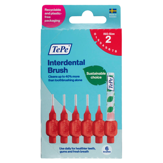 TePe Interdental Ragers Original Rood 0.5mm, maat 2, six pieces, dental cleaning tools for interdental spaces.