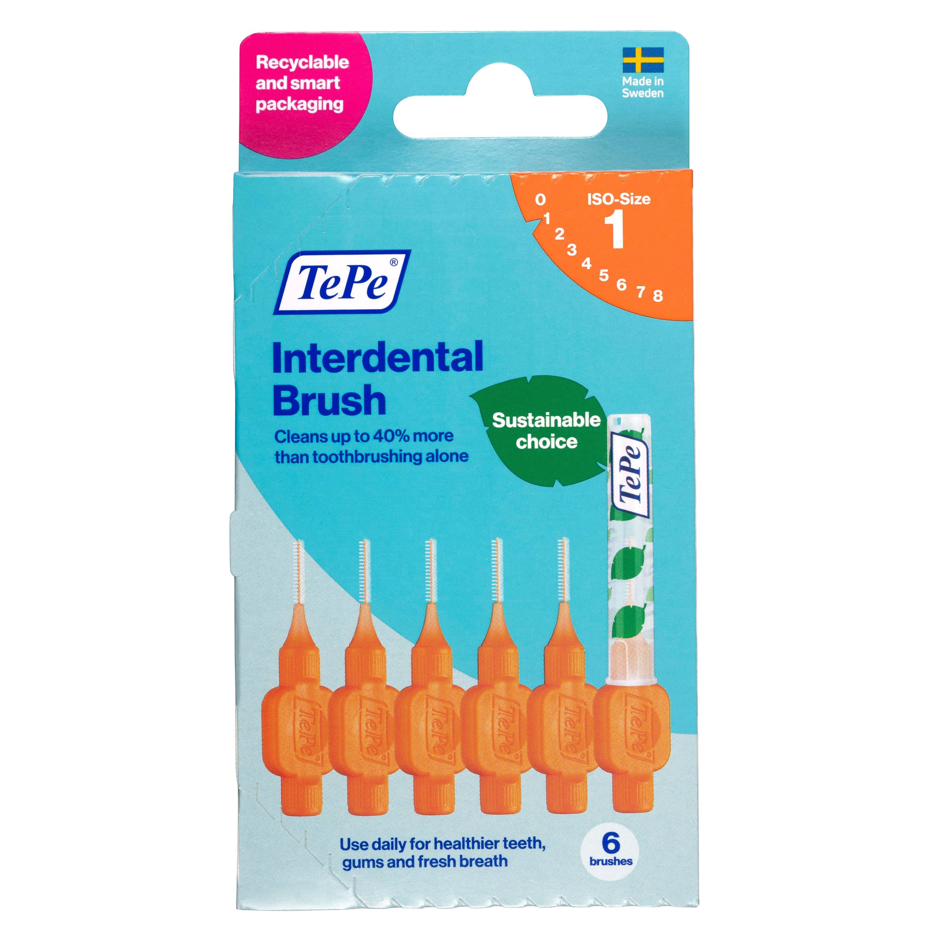 TePe Interdental flossers in orange, 0.45mm size 1, 6-pack, designed for effective interdental cleaning.