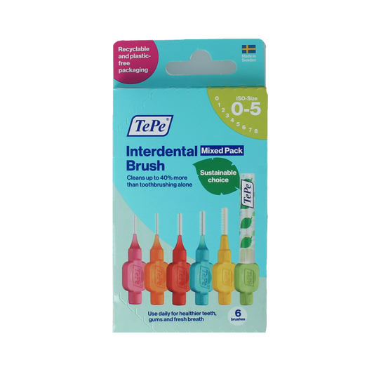 TePe Interdental Brush Mix Pack with 6 pieces for effective interdental cleaning and oral hygiene.