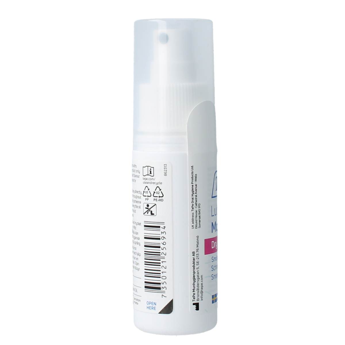TePe Lubricating mouth spray bottle, 50ml, for oral care and mouth moisturizing, designed for comfortable use.
