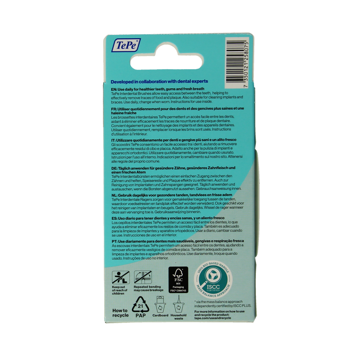 TePe Interdental brushes in gray, size 7, 1.3mm diameter, for effective interdental cleaning, six-pack.