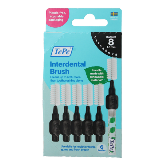 TePe Interdental Ragers Original zwart, 1.5mm, maat 8, for effective interdental cleaning, shown in the image.