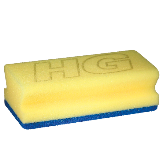 HG sanitairspons in blauw en geel, 1 stuk, veelzijdige schoonmaakartikel voor badkamer en sanitair reiniging.