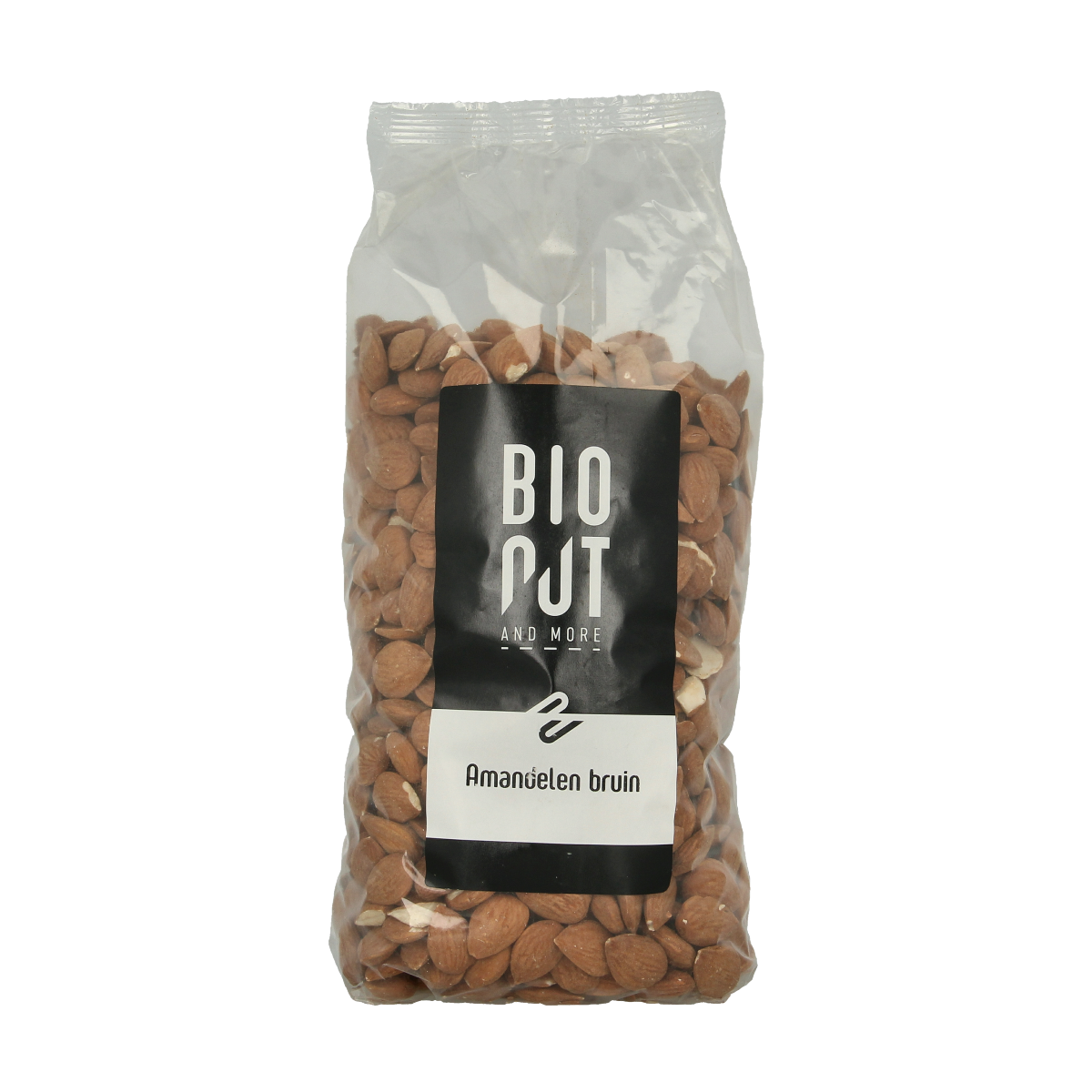 Raw organic Bionut brown almonds in a 1kg package, fresh and natural superfood almonds on a white background.