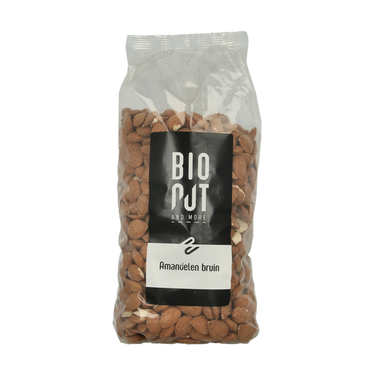 Raw organic Bionut brown almonds in a 1kg package, fresh and natural superfood almonds on a white background.