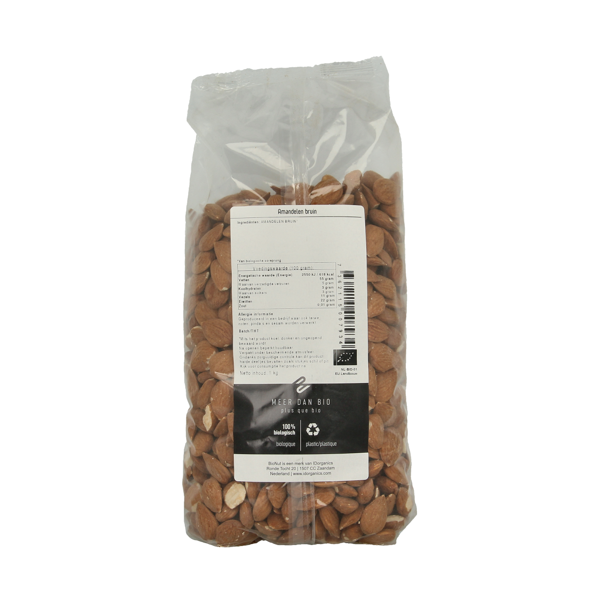 Bionut organic brown almonds in 1kg package, raw superfood nuts displayed in a clear container with nuts spilling out.