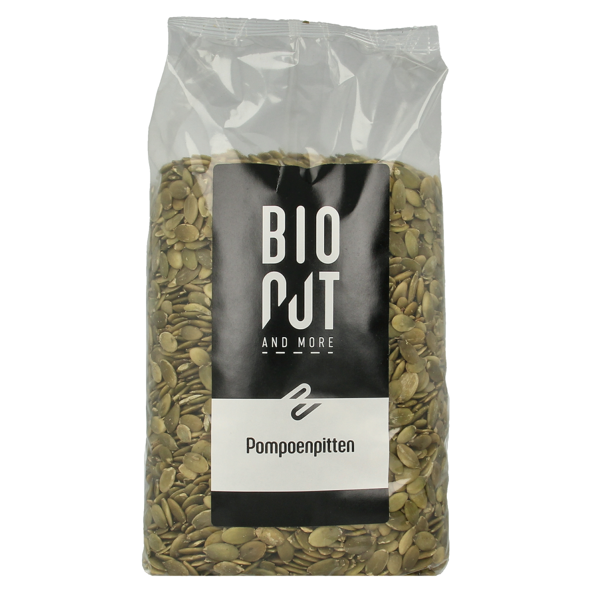 Organic Bionut pumpkin seeds in a 1kg bag, raw superfood, with green shells and natural texture.