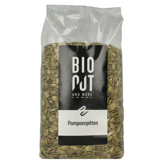 Organic Bionut pumpkin seeds in a 1kg bag, raw superfood, with green shells and natural texture.