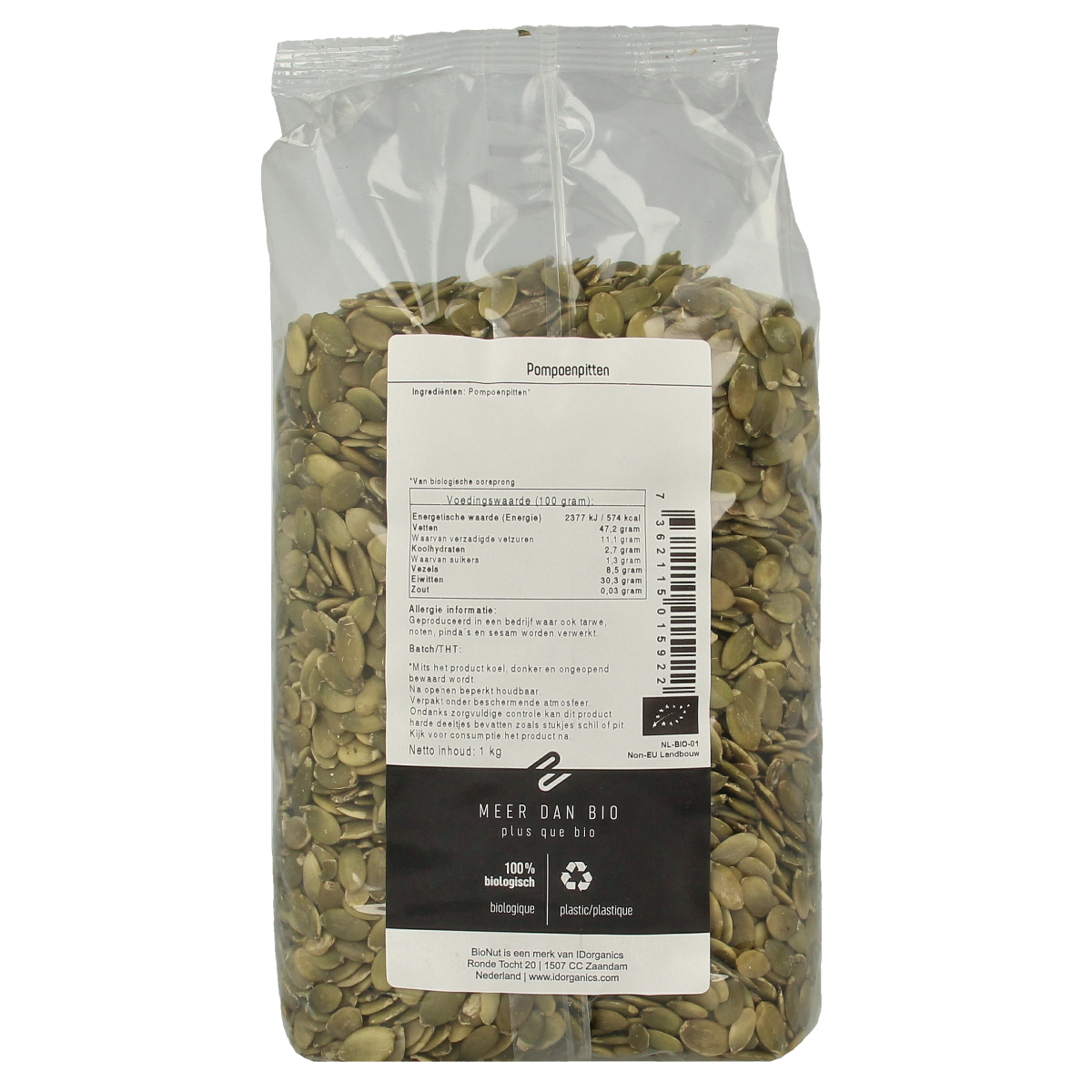 Bionut organic pumpkin seeds in a 1kg package, raw superfood, showing fresh, green pumpkin seeds in a clear view