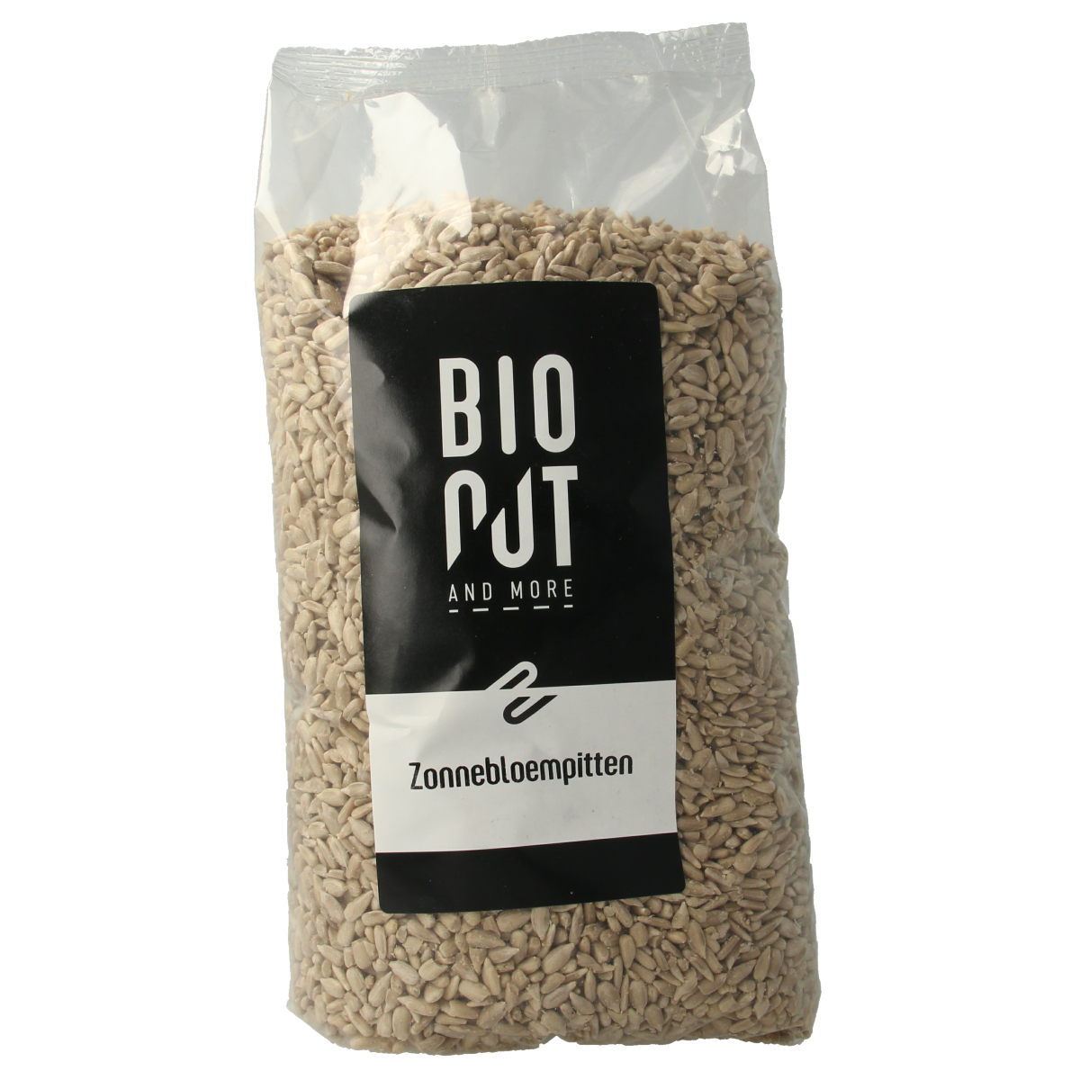 Bionut organic sunflower seeds in a 1kg bag, raw superfood, close-up showing light brown seeds in a clear package.