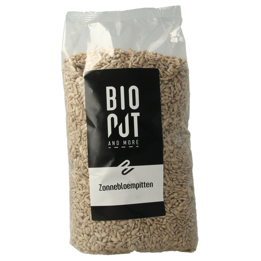 Bionut organic sunflower seeds in a 1kg bag, raw superfood, close-up showing light brown seeds in a clear package.