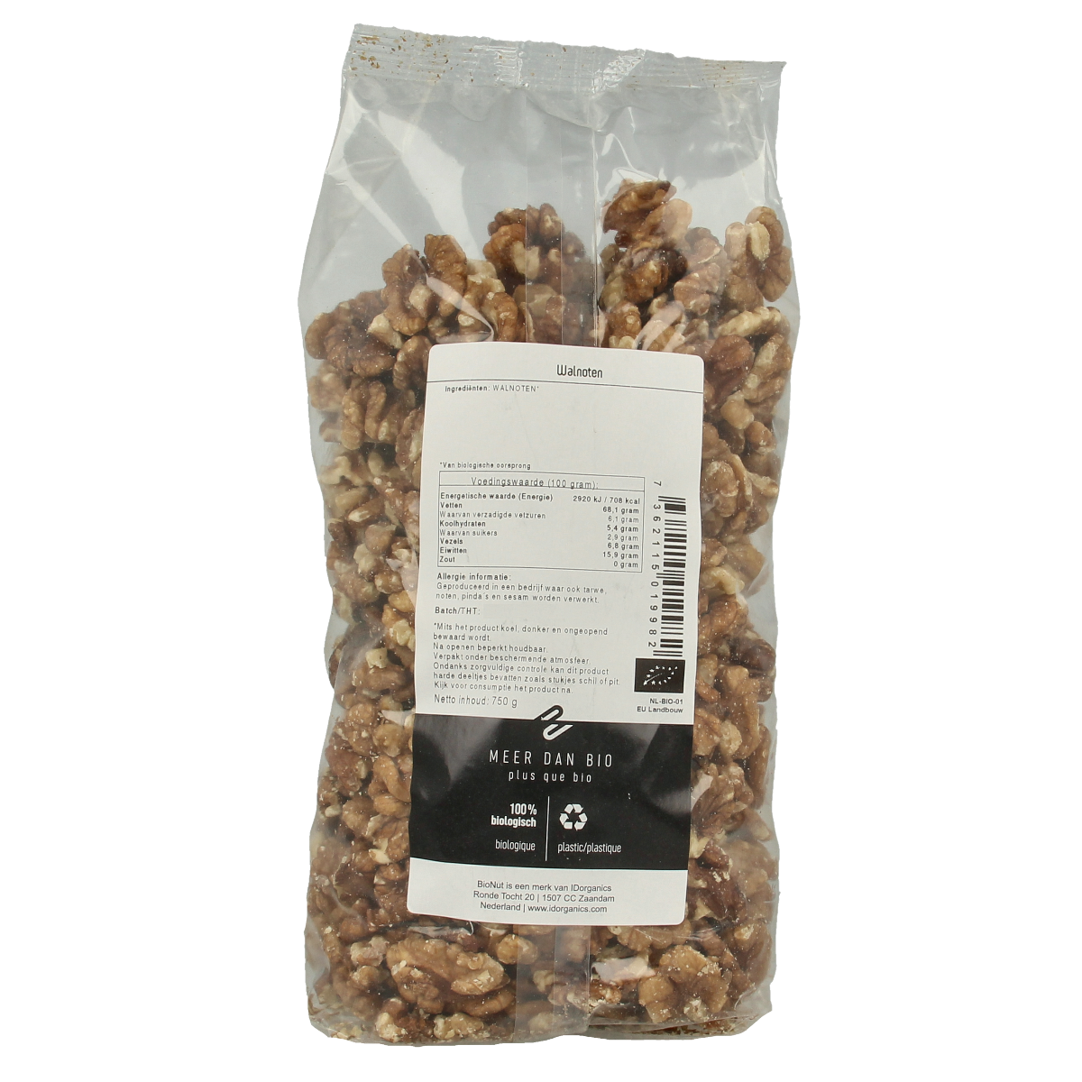Bionut organic walnuts in a 750g package, raw superfood nuts with natural brown shells and textured surface.