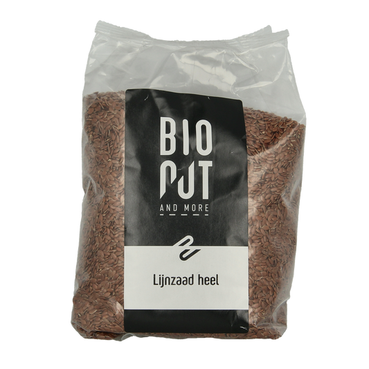 Bionut organic flaxseed in a 750g package, raw superfood with whole, golden seeds for healthy eating and nutrition.