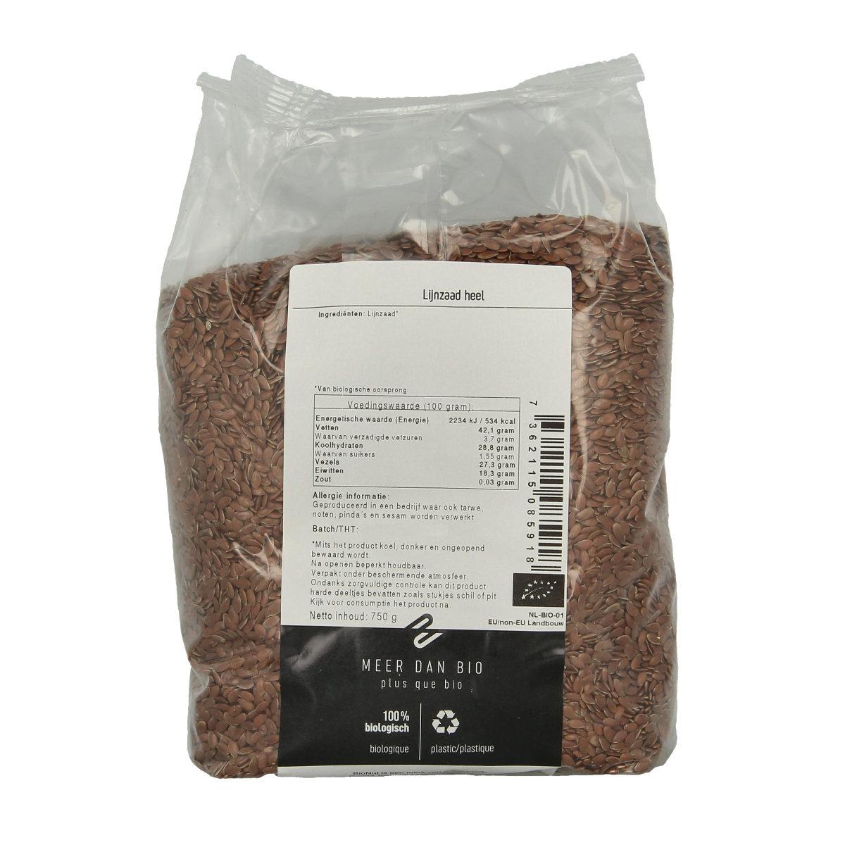 Bionut organic flaxseed heel bag, 750g, raw superfood product with whole golden flaxseeds shown in a clear package.