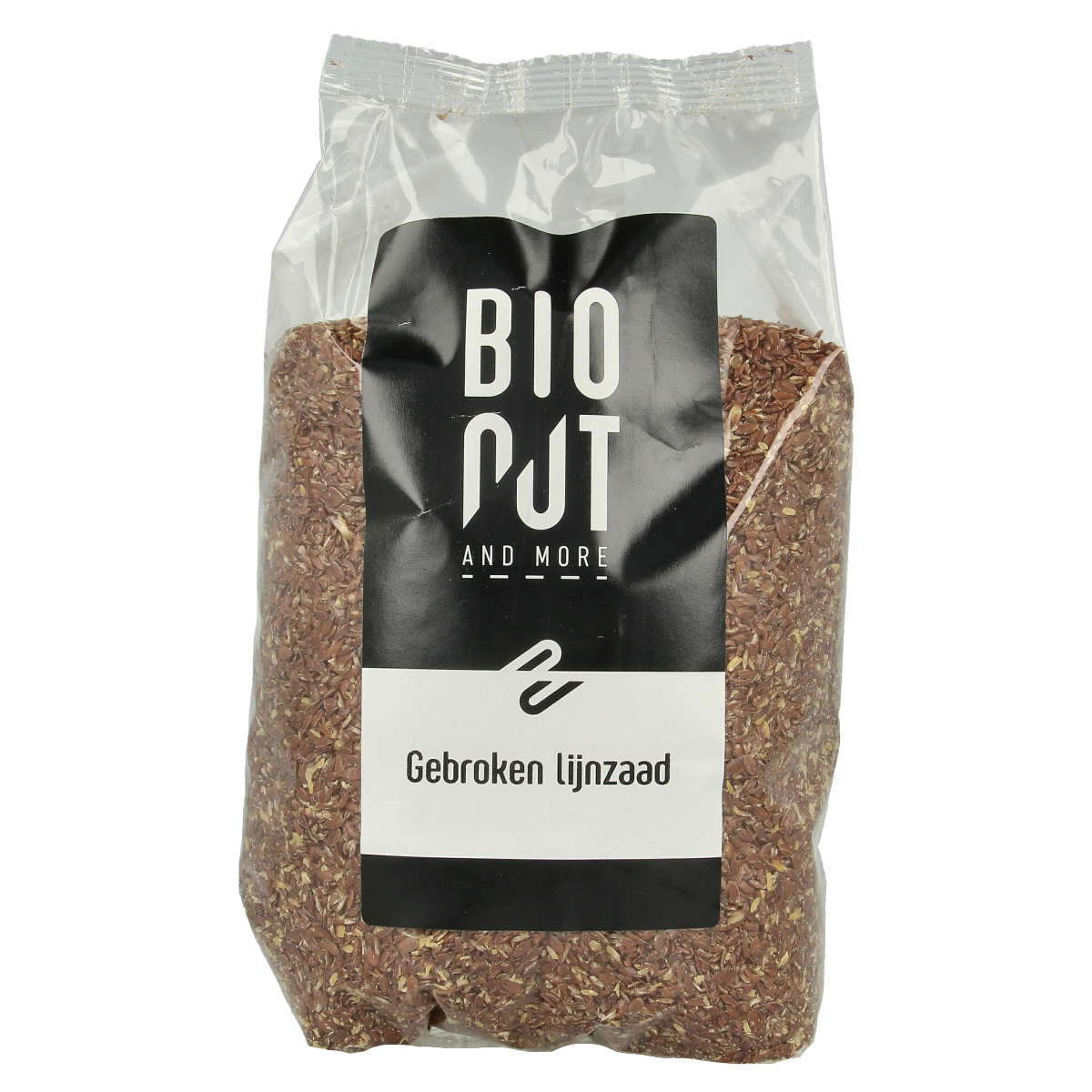 Bionut organic broken flaxseed in 750g bag, raw superfood with golden-brown seeds for healthy recipes and nutrition.