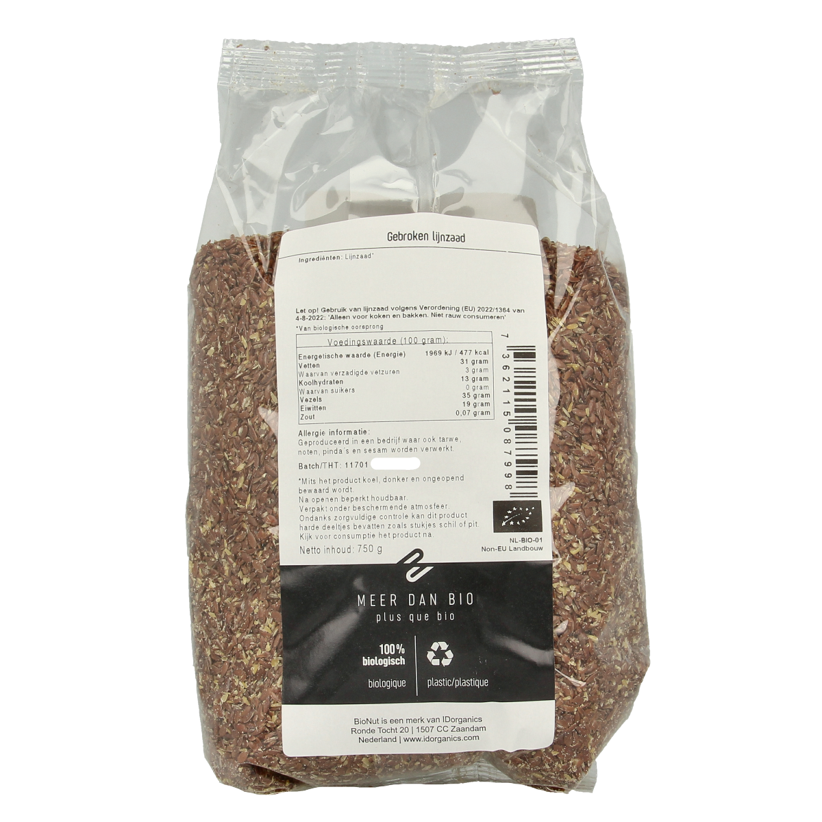 Organic Bionut Lijnzaad gebroken (cracked flaxseed) in a 750g package, raw superfood with golden-brown seeds visible.