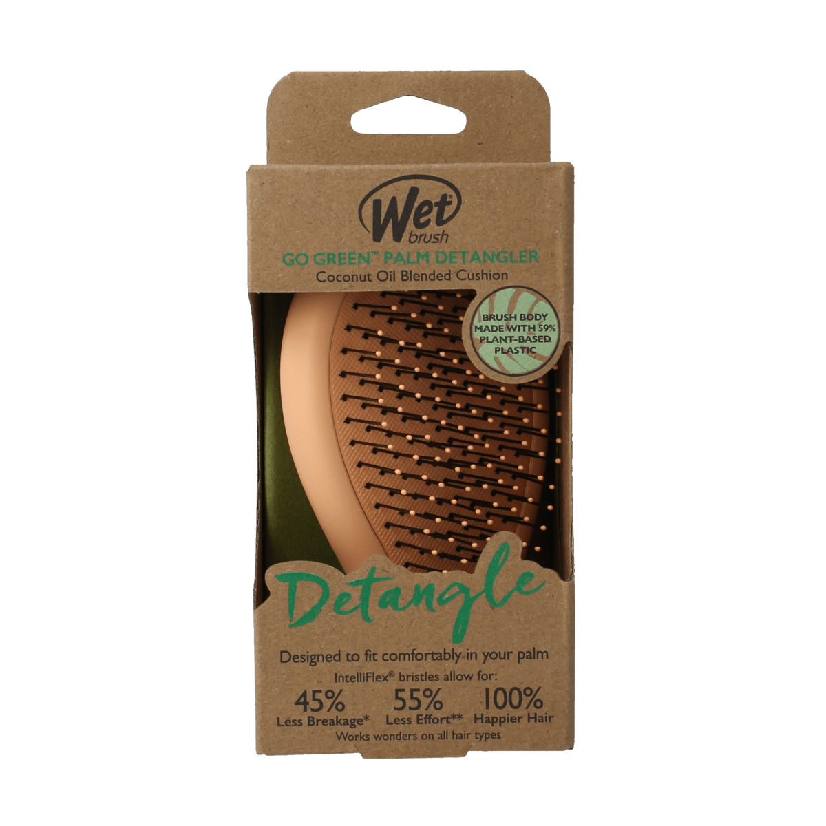 Wet Brush Go Green palm detangler brush with orange coconut oil design, ideal for gentle hair detangling and scalp care.