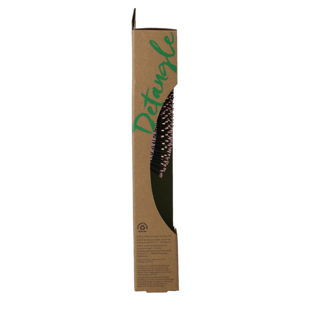 Wet Brush Go Green pink paddle detangler brush for smooth, tangle-free hair, shown in a close-up image.