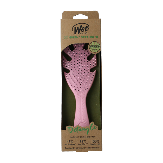 Wet Brush Go Green pink detangler brush, lightweight and easy to use, shown in the image with soft bristles and ergonomic handle.