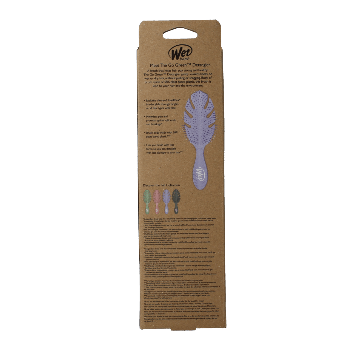 Wet Brush Go Green lavender detangler brush, eco-friendly hairbrush with soft bristles for gentle detangling.