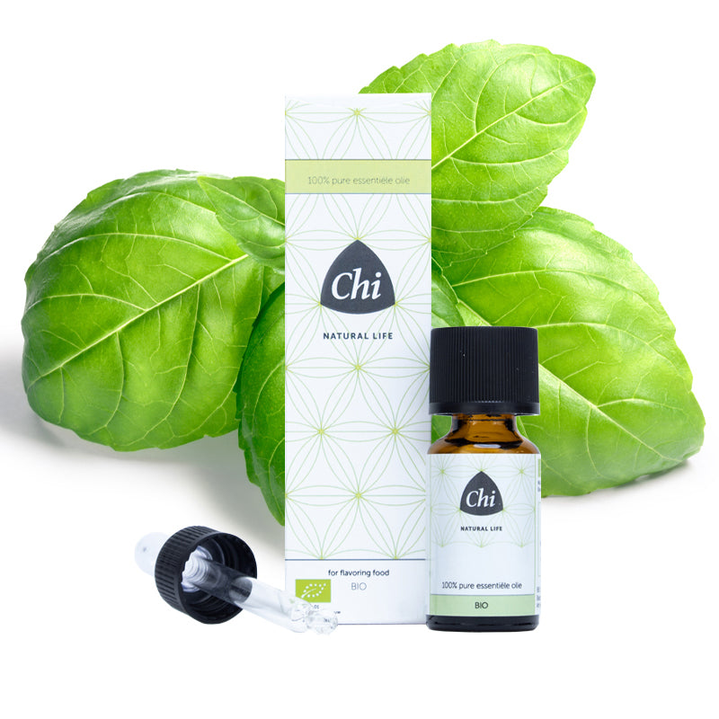 Chi Basilicum linalool organic essential oil in a 2.5ml bottle, featuring a dropper cap and label with botanical design.