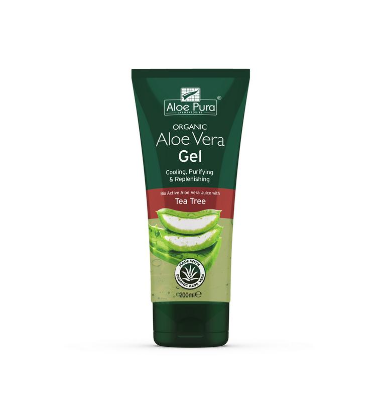 Optima Aloe Pura aloe vera gel with organic tea tree, 200ml, for body care, featuring clear gel in a pump bottle.
