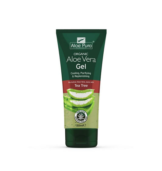 Optima Aloe Pura aloe vera gel with organic tea tree, 200ml, for body care, featuring clear gel in a pump bottle.