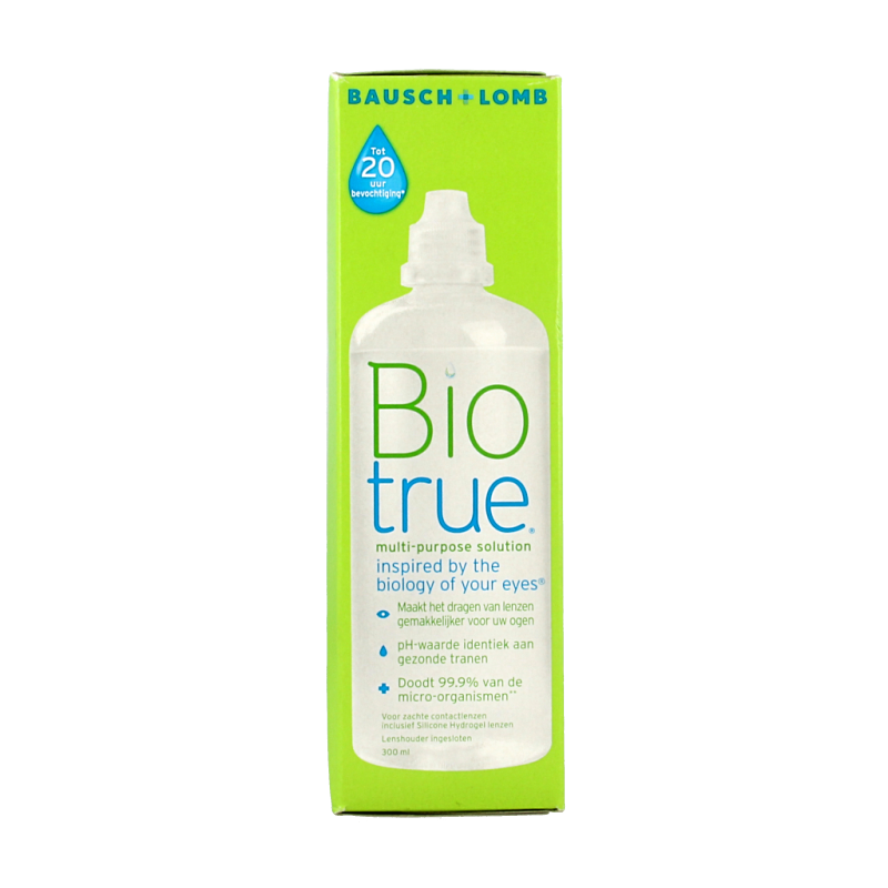 Bausch & Lomb Biotrue multi-purpose contact lens solution in a 300ml bottle for eye care.