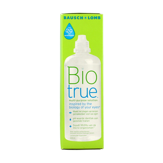 Bausch & Lomb Biotrue multi-purpose contact lens solution in a 300ml bottle for eye care.