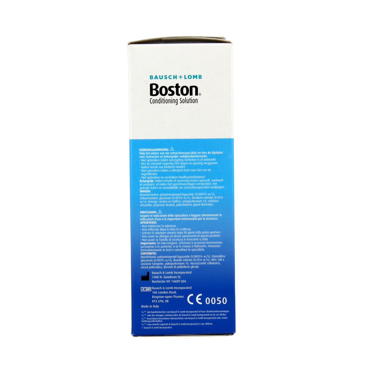 Bausch & Lomb Boston solutions hard contact lens cleaning and disinfecting solution in a 120ml bottle, suitable for optical use.