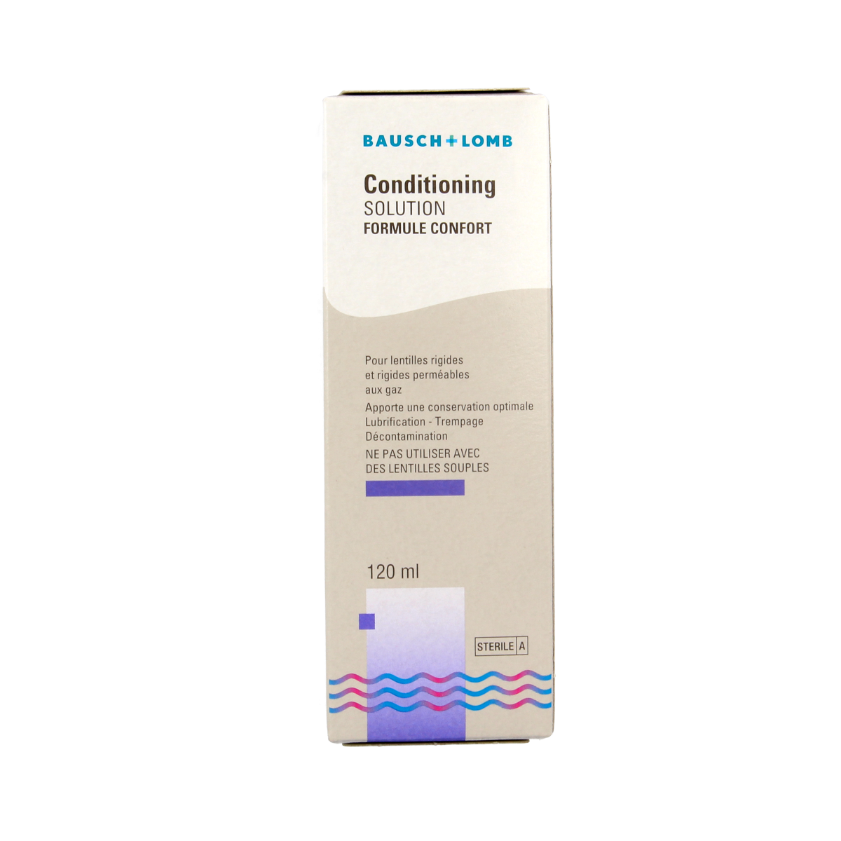 Bausch & Lomb Conditioner for hard contact lenses, 120ml bottle, optiek product with clear label and cap on the packaging