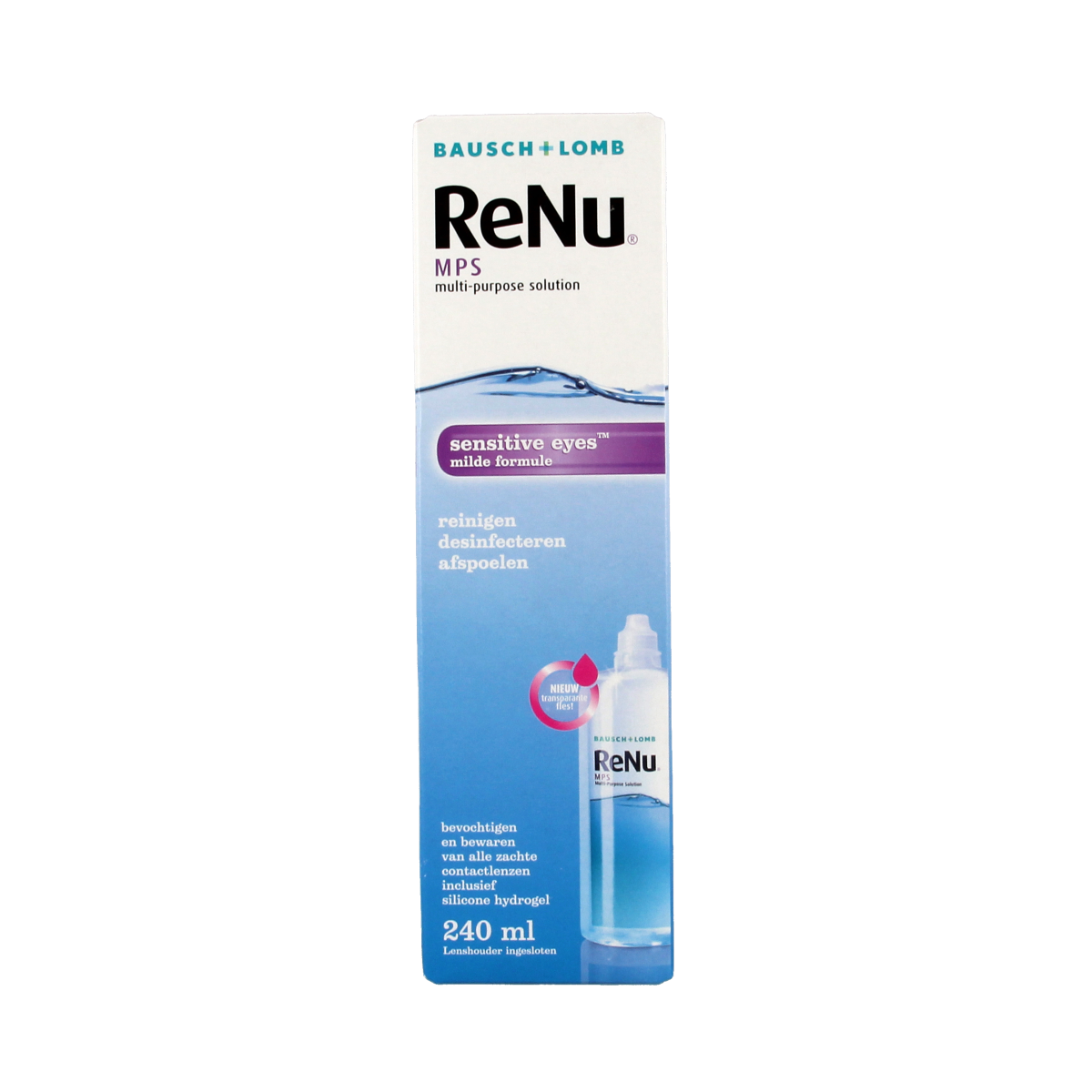 Bausch & Lomb ReNu MPS contact lens solution bottle, 240ml, designed for eye care and lens cleaning, with label detail.