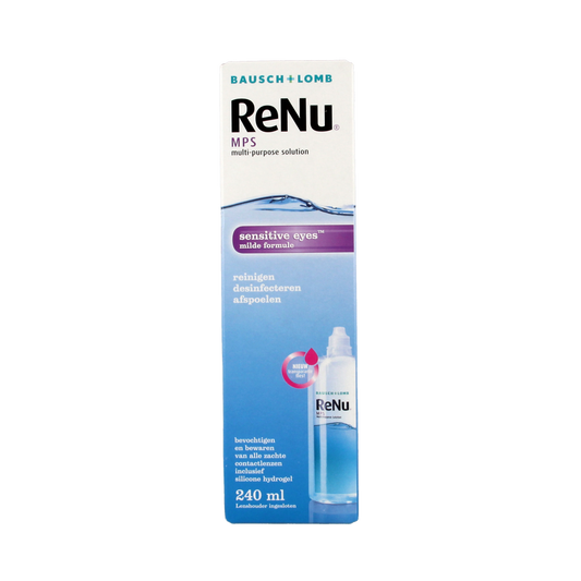 Bausch & Lomb ReNu MPS contact lens solution bottle, 240ml, designed for eye care and lens cleaning, with label detail.