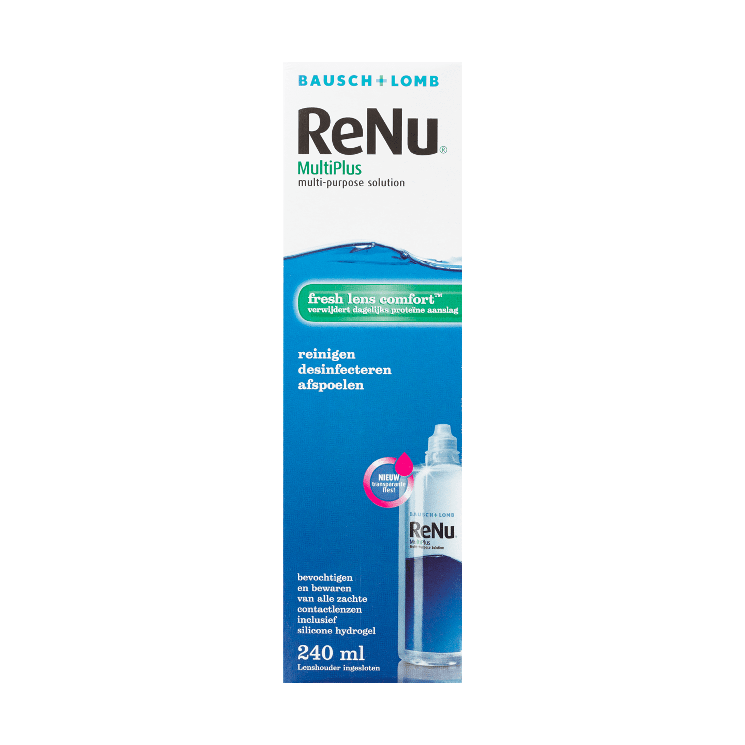 Bausch & Lomb Renu MultiPlus Fresh Lens Comfort solution bottle, 240ml, for contact lens cleaning and hydration.