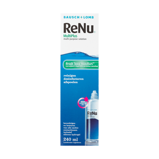 Bausch & Lomb Renu MultiPlus Fresh Lens Comfort solution bottle, 240ml, for contact lens cleaning and hydration.