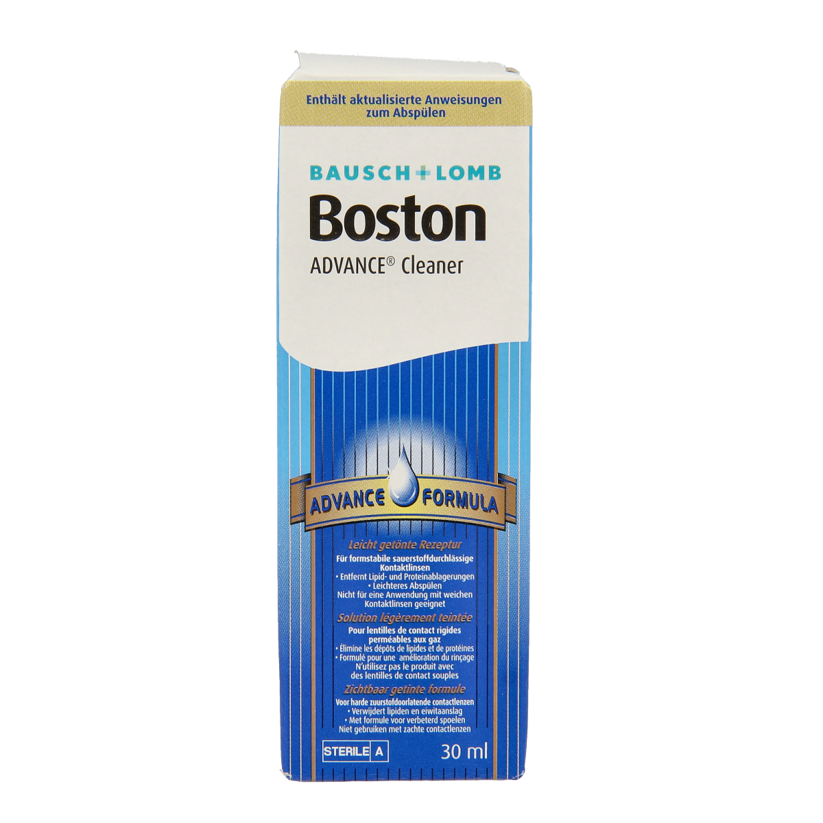 Bausch & Lomb Boston cleaner lens solution in a 30ml bottle, suitable for contact lens cleaning and maintenance.