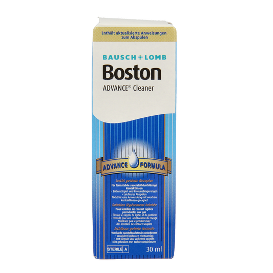 Bausch & Lomb Boston cleaner lens solution in a 30ml bottle, suitable for contact lens cleaning and maintenance.
