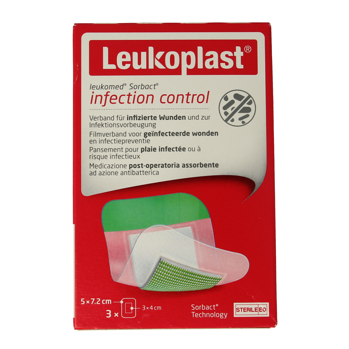 Leukomed Sorbact infection control dressings, 5x7.2cm, pack of 3, sterile wound dressings with adhesive tape for infection management.