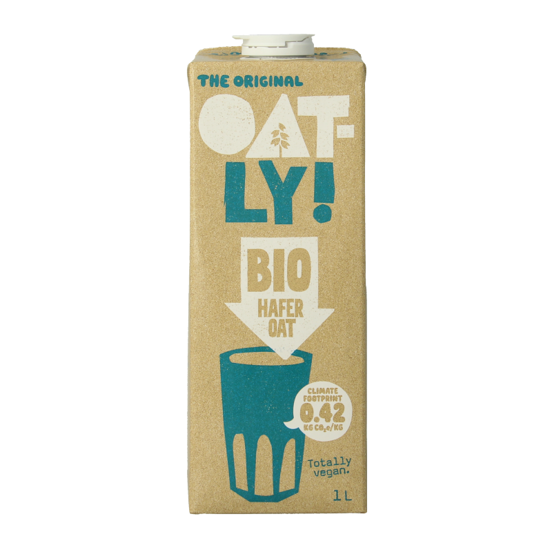 Oatly Haverdrank bio oat drink in a 1-liter carton, organic plant-based beverage from Oatly, with a smooth, creamy texture.