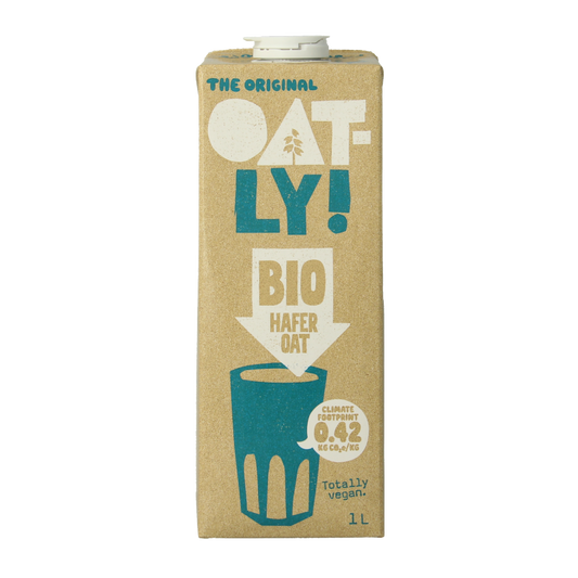 Oatly Haverdrank bio oat drink in a 1-liter carton, organic plant-based beverage from Oatly, with a smooth, creamy texture.