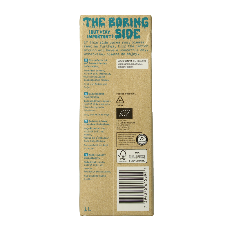 Oatly Haverdrank bio oat drink in a 1-liter carton, natural and organic oat beverage for smoothies and coffee.