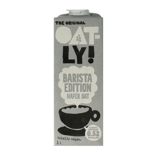 Oatly Barista Edition oat drink 1-liter bottle, dairy-free plant-based beverage for coffee and recipes.
