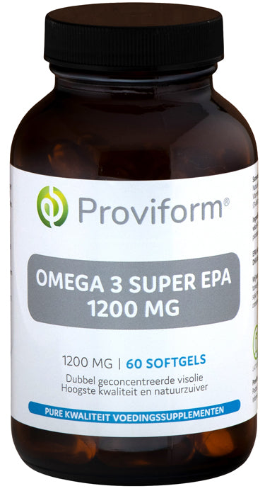 Proviform Omega 3 Super EPA 1200 mg softgels, Vetzuren supplement bottle with 60 softgel capsules on a white background.