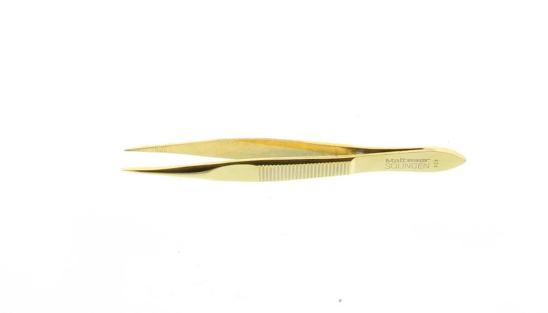 Malteser Pincet 8cm verguld spits, stainless steel tweezers from Malteser, suitable for precise handling and cooking.